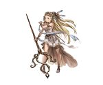  arm_guards armlet bare_shoulders blonde_hair breasts collar dress feathers full_body granblue_fantasy headdress holding jewelry large_breasts long_hair minaba_hideo official_art petra_(granblue_fantasy) ring sandals solo staff transparent_background white_dress yellow_eyes 