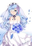  bare_shoulders blue_eyes blue_flower blue_hair blush bouquet breasts bridal_veil cleavage dress flower hair_ornament hair_over_one_eye hair_ribbon highres holding holding_bouquet holding_flower looking_at_viewer lunacats medium_breasts open_mouth petals re:zero_kara_hajimeru_isekai_seikatsu rem_(re:zero) ribbon short_hair simple_background solo standing veil wedding_dress white_dress x_hair_ornament 