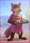  animal_genitalia animal_penis apron balls barefoot border canine canine_penis chicobo clothing disney food fox front_view gideon_grey half-erect looking_at_viewer male mammal naked_apron outside overweight overweight_male penis pie poking_out signature slightly_chubby smile tray url zootopia 