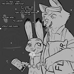  2016 anthro arm_grab arm_in_arm black_and_white blush breath canine clothed clothing dialogue disney duo english_text eye_contact female fox gideon_grey judy_hopps lagomorph male mammal monochrome outside rabbit replytoanons smile snow snowing text zootopia 