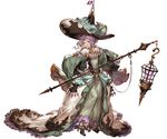  blue_eyes detached_sleeves dress full_body fur_trim gem granblue_fantasy hat high_heels holding jewelry lennah looking_at_viewer minaba_hideo official_art open_mouth purple_hair simple_background solo staff standing tiara white_background witch_hat 
