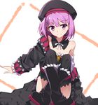  bare_shoulders black_legwear commentary_request crossed_legs detached_sleeves fate/grand_order fate_(series) flat_chest hat helena_blavatsky_(fate/grand_order) jacket looking_at_viewer purple_eyes purple_hair short_hair smile solo thighhighs tsuedzu 