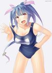  bad_id bad_pixiv_id blue_hair blush breasts fang grey_background hair_ribbon hand_on_hip i-19_(kantai_collection) kankitsunabe_(citrus) kantai_collection large_breasts long_hair looking_at_viewer one-piece_swimsuit red_eyes ribbon school_swimsuit solo swimsuit symbol-shaped_pupils twintails twitter_username 