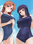  2girls arms_behind_back bare_arms bare_legs blue_eyes blush breasts cameltoe character_request highres kotobuki_hajime large_breasts legs long_hair looking_at_viewer multiple_girls orange_hair outdoors parted_lips purple_hair red_eyes sky standing swimsuit thighs toradora! 