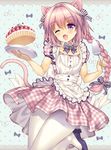  ;d animal_ears apron astolfo_(fate) black_bow bow bowtie braid cake cat_ears cat_tail eyebrows eyebrows_visible_through_hair fang fate/apocrypha fate_(series) food hair_between_eyes hair_bow highres holding leg_up long_hair lyric_(hina9111) male_focus one_eye_closed open_mouth otoko_no_ko pantyhose pink_hair polka_dot polka_dot_background purple_eyes smile solo striped striped_bow tail white_bow white_legwear 