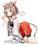  :3 aikawa_ryou all_fours animal_ears bell bell_choker brown_eyes brown_hair cat_ears cat_tail choker closed_mouth headband heart japanese_clothes jingle_bell kantai_collection long_sleeves looking_at_viewer muneate paw_pose ponytail red_shorts shorts simple_background smile solo tail tareme white_background wide_sleeves zuihou_(kantai_collection) 