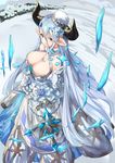  bare_shoulders blue_flower blue_rose breasts brown_eyes choker cleavage draph elbow_gloves flower gloves granblue_fantasy hair_ornament haruato hat highres horns izmir large_breasts long_hair pointy_ears rose silver_hair solo very_long_hair white_gloves 