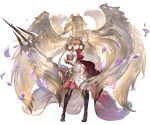 arm_up armlet bangs black_footwear black_legwear blue_eyes blunt_bangs boots brown_hair elbow_gloves full_body gloves granblue_fantasy helmet holding holding_weapon juliet_(granblue_fantasy) minaba_hideo official_art petals polearm smile thigh_boots thighhighs transparent_background trident weapon white_gloves wings 