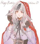  animal_ears black_hair brown_eyes character_name corset fire_emblem fire_emblem_if gloves grey_hair happy_birthday heart hood long_hair multicolored_hair shourou_kanna simple_background solo two-tone_hair upper_body velour_(fire_emblem_if) white_background wolf_ears 