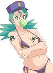  alternate_costume aqua_hair arbok bangs bare_arms bare_legs bare_shoulders bikini blue_hat blush breast_tattoo breasts bubble bubble_blowing chewing_gum cleavage collarbone cowboy_shot crossed_arms earrings gen_1_pokemon hair_between_eyes hat hoop_earrings jewelry junsaa_(pokemon) koffing large_breasts long_hair looking_at_viewer nakaba navel orange_eyes out_of_character pokemon pokemon_(anime) pokemon_(creature) police police_hat police_uniform policewoman purple_bikini side-tie_bikini simple_background solo standing swimsuit tattoo team_rocket uniform white_background 