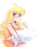  ahoge bespectacled blonde_hair bloom blush covering_mouth crop_top feathers glasses holding holding_pillow iesupa long_hair looking_at_viewer midriff navel pillow purple_eyes red-framed_eyewear rwby semi-rimless_eyewear simple_background smile solo under-rim_eyewear upper_body white_background yang_xiao_long 