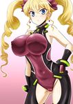  1girl blonde_hair blue_eyes bodysuit breasts cameltoe claire_harvey covered_navel drill_hair earrings erect_nipples erect_nipples_under_clothes female gloves gradient hundred jewelry large_breasts long_hair looking_at_viewer nami_makoto nipples simple_background skin_tight solo standing twin_drills 