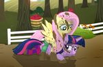  2016 apple clothing cutie_mark dirty duo equine feathered_wings feathers female fence feral flower fluttershy_(mlp) food friendship_is_magic fruit fur grass hair hi_res horn legwear mammal mud multicolored_hair my_little_pony outside pegasus pink_hair plant purple_eyes purple_feathers purple_fur shutterflyeqd socks spread_wings tree twilight_sparkle_(mlp) winged_unicorn wings yellow_feathers yellow_fur 