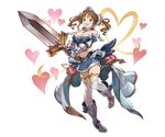  armor armored_boots blue_skirt blush boots breasts brown_eyes brown_hair cleavage full_body fur_trim gauntlets granblue_fantasy heart holding holding_sword holding_weapon idolmaster idolmaster_cinderella_girls knees_together_feet_apart large_breasts minaba_hideo miniskirt navel official_art short_hair skirt solo sword thighhighs tiara totoki_airi transparent_background twintails weapon white_legwear 
