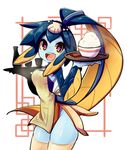  1girl apron blue_skin bowl female minette_(skullgirls) monster_girl open_mouth pink_eyes rice shell skullgirls smile solo thighhighs waitress yellow_sclera 