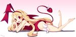  bare_legs barefoot blonde_hair blush bow demon_tail demon_wings disgaea earrings flonne flonne_(fallen_angel) full_body hair_ribbon hairband heart heart_earrings iwasi-r jewelry leotard long_hair looking_at_viewer lying makai_senki_disgaea on_stomach pointy_ears red_eyes red_leotard red_ribbon ribbon smile solo tail tail_bow white_bow wings 