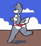 anthro asswolf big_butt breasts butt canine clothed clothing cloud digital_media_(artwork) female half-closed_eyes mammal midriff oriole_(artist) outside running shirt shorts small_breasts solo thick_thighs tongue tongue_out wolf 