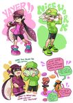  4girls aori_(splatoon) baseball_cap beanie bike_shorts black_hair black_shorts brown_eyes burst_bomb_(splatoon) domino_mask earrings english fangs goggles green_footwear green_hat green_shirt grey_hair grin hands_in_pockets hat headgear holding holding_weapon hood hoodie hotaru_(splatoon) inkling jacket jewelry laughing long_sleeves looking_at_another looking_at_viewer mask mole mole_under_eye multiple_girls octarian octoling octoshot_(splatoon) one_eye_closed open_clothes open_jacket orange_hair pointy_ears purple_footwear purple_hat purple_jacket purple_shirt red_hair shirt shoes shorts single_vertical_stripe smile sneakers splatoon_(series) splatoon_1 squidbeak_splatoon standing star_hat_ornament sunglasses surgical_mask takozonesu tearing_up tentacle_hair vest weapon wong_ying_chee 