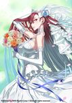  bare_shoulders bouquet breasts bridal_veil cowboy_shot dress elbow_gloves flower gloves honjou_raita jewelry large_breasts long_hair looking_at_viewer multicolored_hair necklace official_art pearl_necklace red_eyes red_hair riela_marcellis senjou_no_valkyria senjou_no_valkyria_3 sideboob silver_hair smile solo tiara veil very_long_hair watermark wedding_dress 