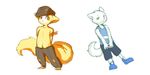  canine clothed clothing cub dog duo footwear fur hat male mammal orange_fur pants sash shirt shoes shorts simple_background tank_top topless white_fur wolf young 騰騰騰 