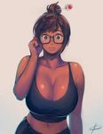  breasts brown_eyes cleavage glasses large_breasts overwatch simple_background tanned_skin 