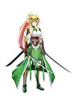  1girl blonde_hair breasts cleavage gloves green_eyes green_skirt hair_ornament holding holding_sword holding_weapon leafa leafa_(sao:im) long_hair looking_at_viewer pleated_skirt simple_background skirt smile solo sword sword_art_online sword_art_online:_code_register sword_art_online:_hollow_fragment sword_art_online:_infinity_moment thighhighs watermark weapon white_background white_gloves 