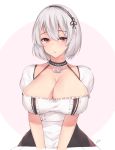  1girl anchor azur_lane bangs blush breasts choker collarbone eyebrows_visible_through_hair eyes_visible_through_hair hair_between_eyes hairband kuavera lace-trimmed_hairband large_breasts looking_at_viewer maid parted_lips puffy_sleeves red_eyes ribbon short_sleeves sidelocks signature sirius_(azur_lane) solo white_hair 