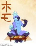  anthro avian bird blue_eyes blue_feathers coby cockatiel cockatoo eating feathers food japanese_text kabier nude open_mouth parrot sitting sushi text watermark 