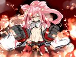  1girl bell belt blazblue bleeding blood_on_face expressionless fighting_stance gauntlets injury kokonoe long_hair looking_at_viewer midriff morikawa_(futomayu) navel petite pink_hair ponytail red_pants slit_pupils solo torn_clothes yellow_eyes 