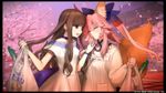  animal_ears bag blush breasts brown_hair cherry_blossoms choker cleavage company_name dress eyebrows eyebrows_visible_through_hair fate/extella fate/extra fate_(series) fox_ears fox_tail good_end groceries kappougi kishinami_hakuno_(female) long_hair medium_breasts multiple_girls official_art pink_hair plastic_bag tail tamamo_(fate)_(all) tamamo_no_mae_(fate) twintails wada_aruko white_dress wife_and_wife yuri 