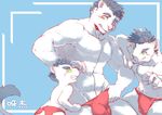  blue_hair blush bulge cat clothing cub erection feline fundoshi fur green_eyes grin group hair japanese_clothing mammal selfcest simple_background square_crossover teenager underwear white_fur young 騰騰騰 