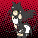  bare_shoulders black_hair blake_belladonna bow commentary gambol_shroud glasses hair_bow iesupa long_hair pantyhose polka_dot polka_dot_background rwby solo weapon yellow_eyes 