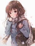  bag blue_coat blush brown_eyes brown_hair enpera eyebrows eyebrows_visible_through_hair gradient gradient_background hair_between_eyes hair_ornament hairclip long_hair md5_mismatch original parted_lips plaid plaid_scarf scarf school_bag sleeves_past_wrists snowflakes solo yumesaki 