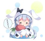  =_= black_bow black_neckwear blush bow bowtie chibi commentary cosplay kigurumi light_blue_hair long_hair matoi_(pso2) milkpanda phantasy_star phantasy_star_online_2 solo spoken_zzz zzz 