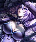  1girl bed blue_eyes blush bodysuit braid breasts choujigen_game_neptune cleavage cleavage_cutout female gloves huge_breasts lips long_hair looking_at_viewer lying neptune_(choujigen_game_neptune) neptune_(series) nyamota_(noraneko_koubou) on_bed parted_lips pillow power_symbol purple_hair purple_heart shiny shiny_hair shiny_skin smile solo symbol-shaped_pupils tied_hair twin_braids upper_body 