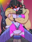  1boy 1girl areolae artist_request blue_hair blue_skin blush bodysuit breast_grab breasts crotch_cutout gloves head_mounted_display holding_gun mask navel nipples open_mouth overwatch penis red_background roadhog_(overwatch) torn_clothes weapon widowmaker_(overwatch) 