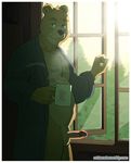  artdecade bear beverage cabin clothing coffee cup male mammal robe sun tree window 