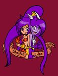  anthro blademanunitpi bracelet breasts cleavage clothed clothing dragon duo english_text female fire freedom_planet galaxytrail genie gloves hair horn human jewelry long_hair magic mammal midriff navel open_mouth pants purple_eyes purple_hair purple_skin red_background sash_lilac shantae shantae_(series) shirt simple_background smile text thumbs_up tongue vest video_games wayforward 