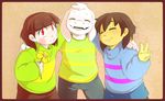  asriel_dreemurr boss_monster caprine chara_(undertale) child fangs flower fur goat group human long_ears mammal miyako47 plant protagonist_(undertale) simple_background stripes undertale video_games white_fur young 