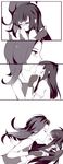  4koma absurdres asymmetrical_hair atobesakunolove blush breasts can casual closed_eyes comic d.va_(overwatch) drunk earrings facial_mark fingerless_gloves gloves hand_on_another's_chin highres hug jewelry kiss long_hair looking_at_another medium_breasts mole mole_under_eye monochrome multiple_girls overwatch parted_lips shirt short_sleeves silent_comic simple_background sombra_(overwatch) stud_earrings t-shirt tears upper_body whisker_markings white_background yuri 