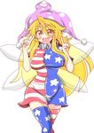  :d adapted_costume alternate_legwear american_flag_dress american_flag_legwear bangs blonde_hair blush breasts clownpiece colored_eyelashes covered_navel cowboy_shot curvy double_v dress error eyebrows eyebrows_visible_through_hair eyes_visible_through_hair fairy_wings fang gradient_eyes groin hair_between_eyes hands_up hat highres hips impossible_clothes jester_cap knees_together large_breasts long_hair looking_at_viewer multicolored multicolored_eyes open_mouth polka_dot red_eyes rindou_(p41neko) shiny shiny_clothes shiny_hair short_dress short_sleeves skindentation smile solo standing thighhighs touhou v very_long_hair white_background wings yellow_eyes zettai_ryouiki 
