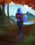  anthro avian blue_eyes blue_feathers coby feathers kabier male open_mouth outside tree watermark 