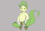  bandage body_hair bulge clothing eeveelution happy_trail leafeon male nintendo nipples pok&eacute;mon simple_background sitting solo underwear video_games yellow_eyes 騰騰騰 