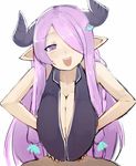  1boy 1girl bent_over braid breast_squeeze breasts cleavage cow_girl cow_horns doraf granblue_fantasy hair_ornament hair_over_one_eye hairclip hetero highres horns huge_breasts long_breasts long_hair looking_at_viewer narumeia_(granblue_fantasy) open_mouth paizuri pen_(pen3) pink_hair pointy_ears pov purple_eyes purple_hair simple_background solo_focus white_background 