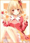  aki_shizuha blonde_hair blouse blush border colored_pencil_(medium) convenient_leg frilled_skirt frills gradient gradient_background gradient_skirt hair_ornament hands_up knees_together knees_up leaf leaf_hair_ornament light_smile long_sleeves looking_at_viewer maple_leaf marker_(medium) orange_border parted_lips potto red_blouse red_eyes sample short_hair sitting skirt solo touhou traditional_media wing_collar 