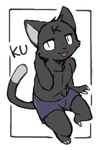  anthro black_fur cat clothing feline fur hand_behind_head mammal shorts sitting tongue tongue_out young 騰騰騰 