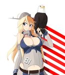  &gt;:) america areola_slip areolae bald_eagle bangs bare_shoulders belt bird bird_on_hand black_gloves blonde_hair blue_eyes blush breasts bursting_breasts buttons cleavage clothes_writing covered_navel eagle eyelashes fingerless_gloves front-tie_top gloves gorget grin hair_between_eyes hat highres iowa_(kantai_collection) kantai_collection large_breasts long_hair looking_to_the_side midriff navel number parted_bangs patriotism sate sleeveless smile solo stomach striped unbuttoned upper_body v-shaped_eyebrows weapon white_background wrist_cuffs 