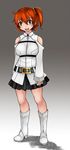  adapted_costume aoshima arms_at_sides bare_shoulders belt belt_buckle black_skirt boots breasts buckle commentary_request empty_eyes eyebrows eyebrows_visible_through_hair fate/grand_order fate_(series) fujimaru_ritsuka_(female) gradient gradient_background grey_background hair_between_eyes hair_ornament hair_scrunchie highres knee_boots large_breasts legs_apart looking_at_viewer no_legwear no_socks open_mouth orange_hair orange_scrunchie pleated_skirt scrunchie shaded_face short_hair shoulder_cutout side_ponytail simple_background skirt sleeves_past_wrists smile solo white_footwear yandere yellow_eyes 