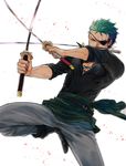  1boy belt boots eyepatch fighting_stance frown green_hair male_focus mouth_hold one-eyed one_piece pixiv_id_539848 roronoa_zoro sash simple_background solo sword triple_wielding 