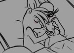 2016 anthro bed blush breasts chest_tuft claws disney female hand_on_breast hugh_muskroura inkyfrog lagomorph lying male male/female mammal maxine_d&#039;lapin on_back on_side rabbit restricted_palette skunk sleeping tuft zootopia 